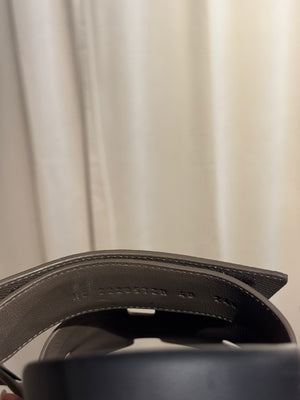 Hermes Chypre Sandals Taupe Grey Leather Black Rubber Sole H Cutout Adjustable Strap Size EU 40 Box