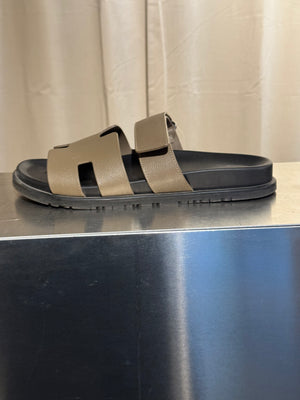 Hermes Chypre Sandals Taupe Grey Leather Black Rubber Sole H Cutout Adjustable Strap Size EU 40 Box