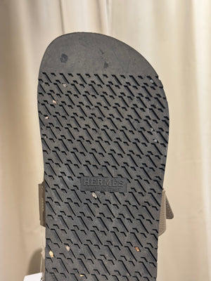 Hermes Chypre Sandals Taupe Grey Leather Black Rubber Sole H Cutout Adjustable Strap Size EU 40 Box