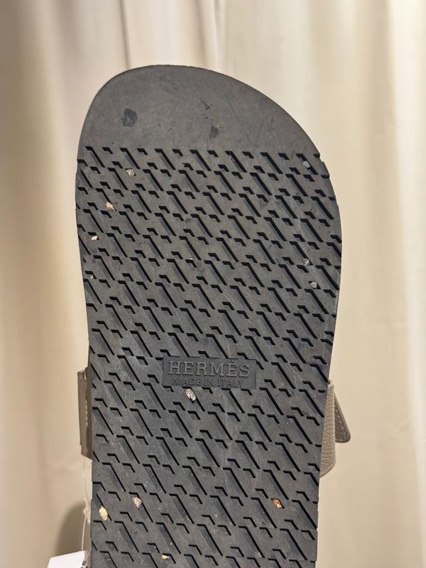 Hermes Chypre Sandals Taupe Grey Leather Black Rubber Sole H Cutout Adjustable Strap Size EU 40 Box