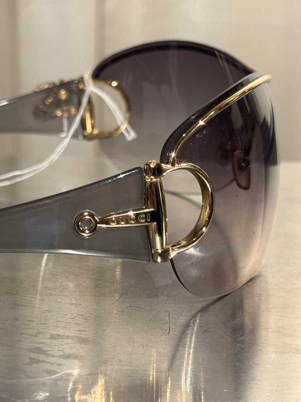 Gucci Rimless Shield Sunglasses Brown Gradient Lenses Gold-Tone Horsebit Detail