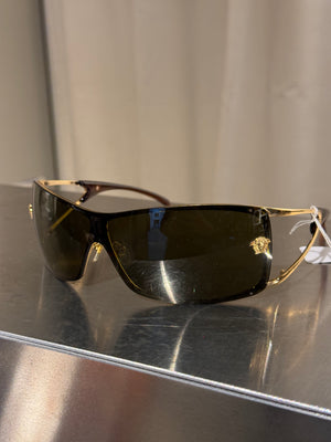 Versace Vintage Shield Sunglasses Olive Green Lenses Gold-Tone Metal Frame Medusa Details