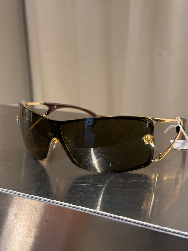 Versace Vintage Shield Sunglasses Olive Green Lenses Gold-Tone Metal Frame Medusa Details