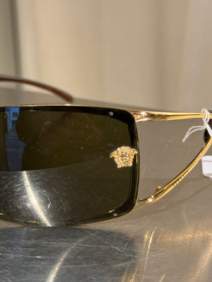 Versace Vintage Shield Sunglasses Olive Green Lenses Gold-Tone Metal Frame Medusa Details