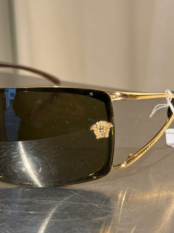 Versace Vintage Shield Sunglasses Olive Green Lenses Gold-Tone Metal Frame Medusa Details