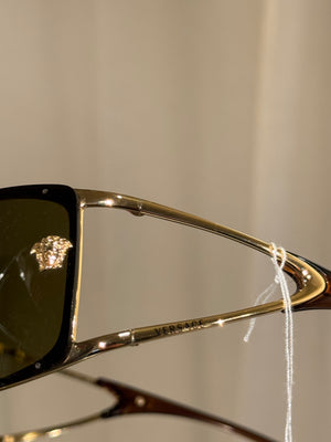 Versace Vintage Shield Sunglasses Olive Green Lenses Gold-Tone Metal Frame Medusa Details