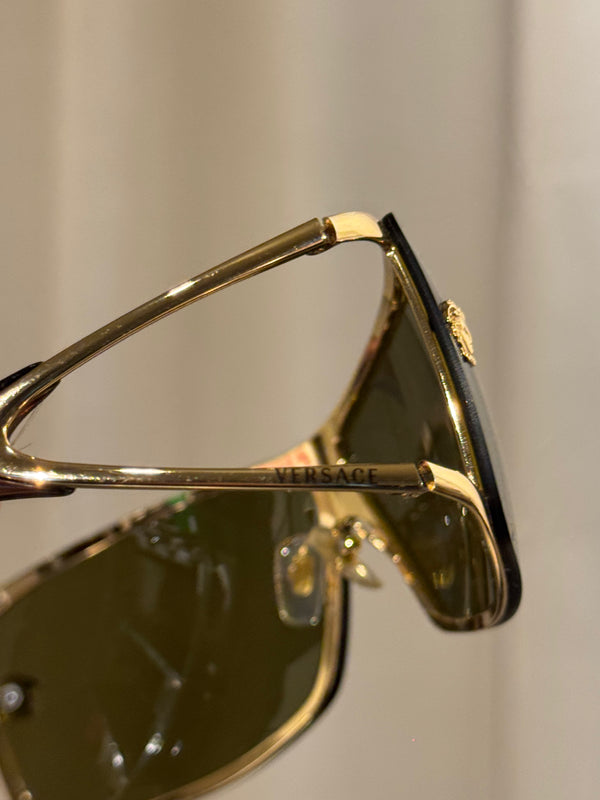 Versace Vintage Shield Sunglasses Olive Green Lenses Gold-Tone Metal Frame Medusa Details