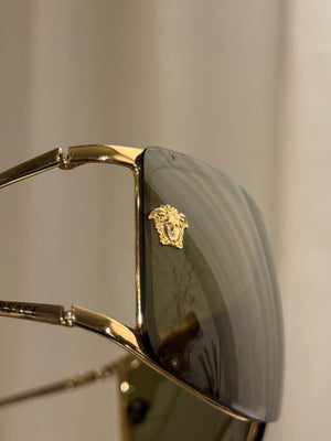 Versace Vintage Shield Sunglasses Olive Green Lenses Gold-Tone Metal Frame Medusa Details