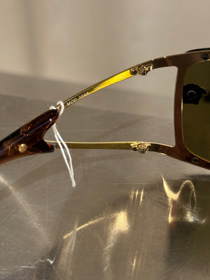 Versace Vintage Shield Sunglasses Olive Green Lenses Gold-Tone Metal Frame Medusa Details