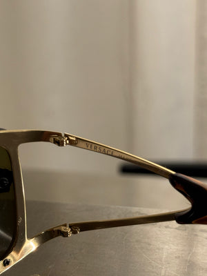 Versace Vintage Shield Sunglasses Olive Green Lenses Gold-Tone Metal Frame Medusa Details