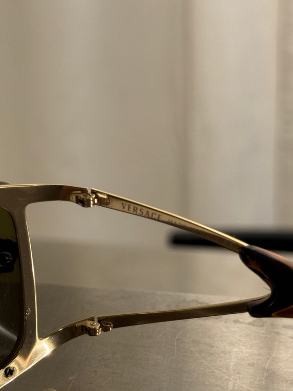 Versace Vintage Shield Sunglasses Olive Green Lenses Gold-Tone Metal Frame Medusa Details