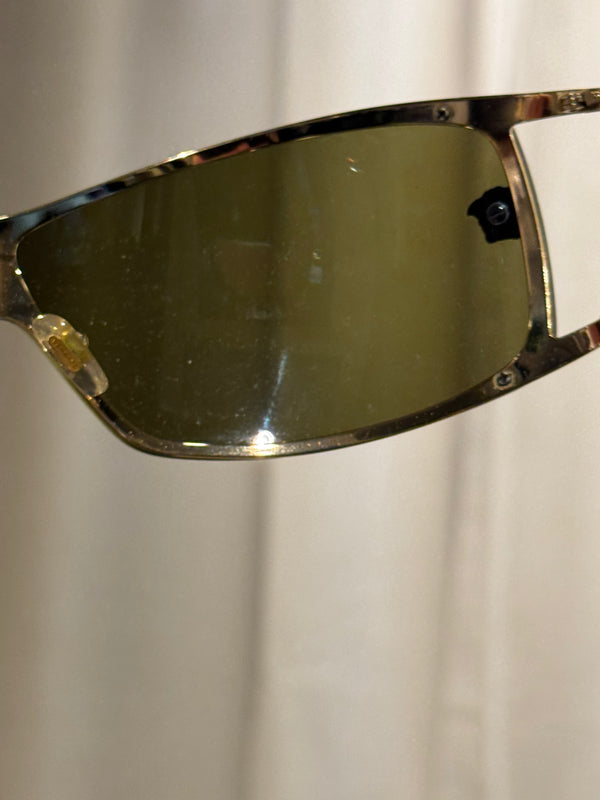 Versace Vintage Shield Sunglasses Olive Green Lenses Gold-Tone Metal Frame Medusa Details