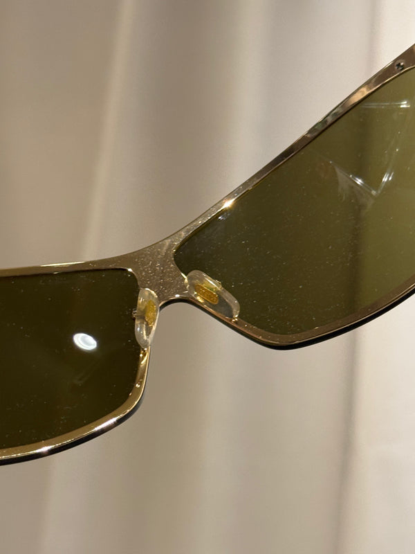 Versace Vintage Shield Sunglasses Olive Green Lenses Gold-Tone Metal Frame Medusa Details