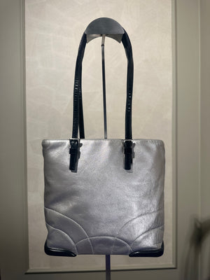 Prada Metallic Pastel Blue Napa Leather Shoulder Bag S/S 2000 runway bumper edges mesh leather silver