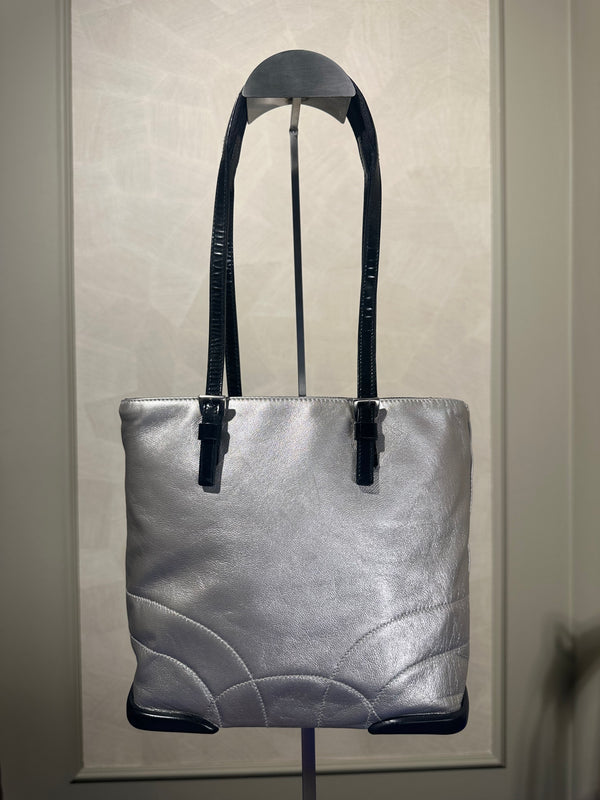 Prada Metallic Pastel Blue Napa Leather Shoulder Bag S/S 2000 runway bumper edges mesh leather silver