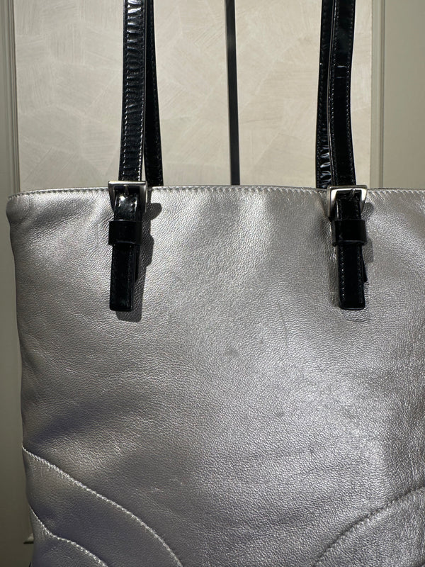 Prada Metallic Pastel Blue Napa Leather Shoulder Bag S/S 2000 runway bumper edges mesh leather silver