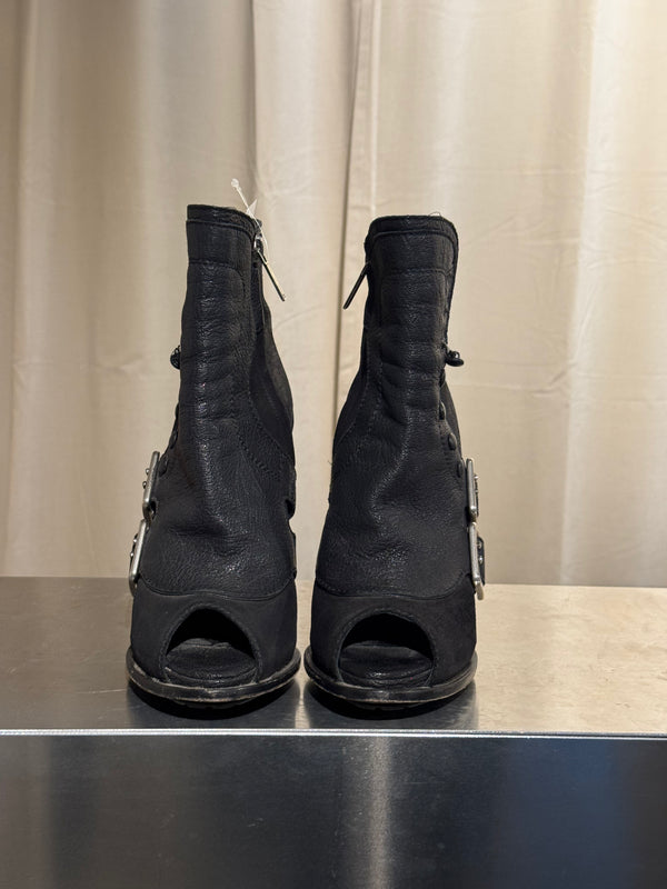 Christian Dior Vintage Archive Runway S/S 2010 Couture Spy Boots Black Leather Peep Toe Stiletto Buckle Ankle Boots John Galliano