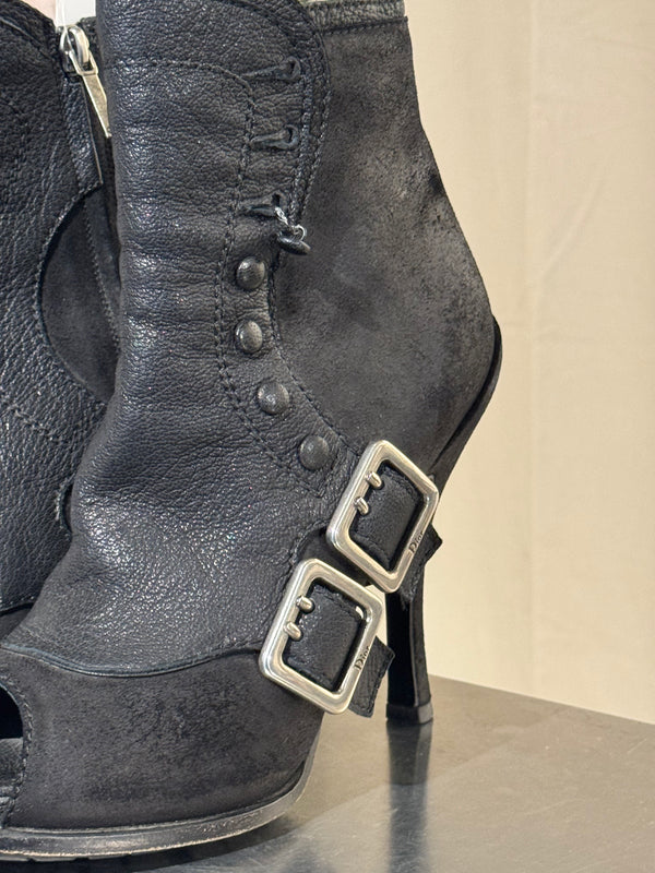 Christian Dior Vintage Archive Runway S/S 2010 Couture Spy Boots Black Leather Peep Toe Stiletto Buckle Ankle Boots John Galliano