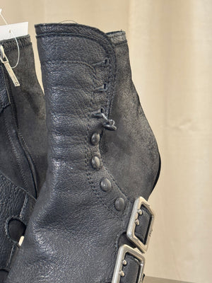 Christian Dior Vintage Archive Runway S/S 2010 Couture Spy Boots Black Leather Peep Toe Stiletto Buckle Ankle Boots John Galliano