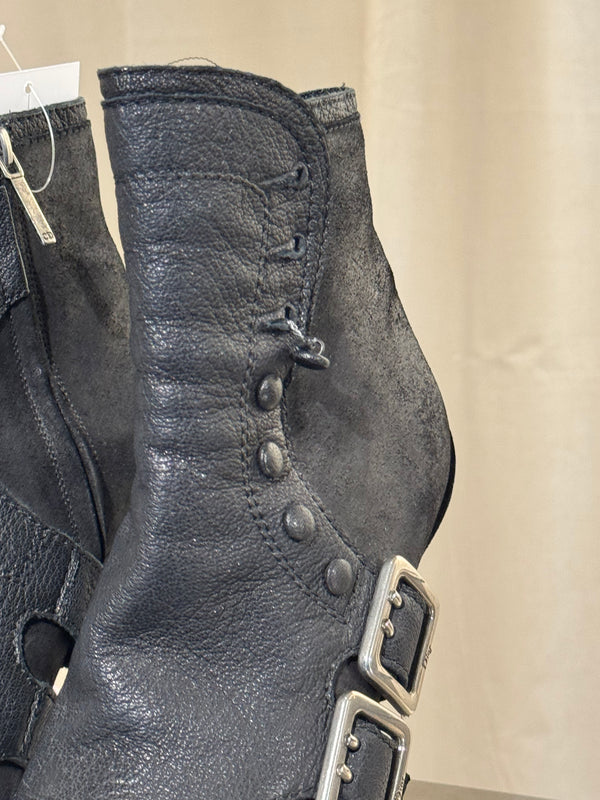 Christian Dior Vintage Archive Runway S/S 2010 Couture Spy Boots Black Leather Peep Toe Stiletto Buckle Ankle Boots John Galliano