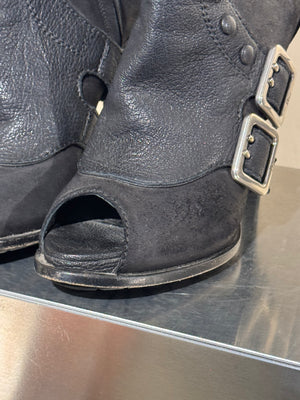 Christian Dior Vintage Archive Runway S/S 2010 Couture Spy Boots Black Leather Peep Toe Stiletto Buckle Ankle Boots John Galliano