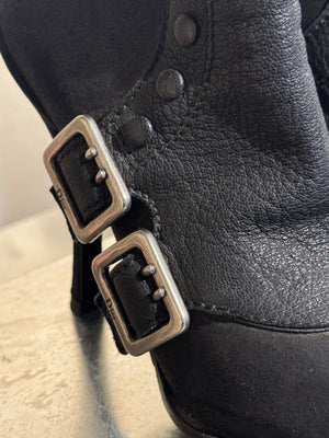 Christian Dior Vintage Archive Runway S/S 2010 Couture Spy Boots Black Leather Peep Toe Stiletto Buckle Ankle Boots John Galliano