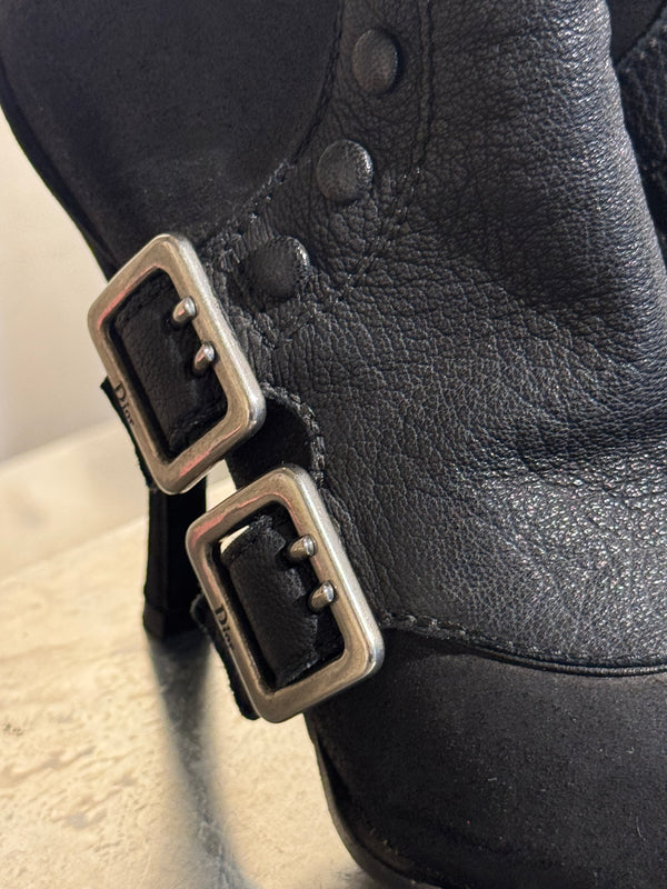 Christian Dior Vintage Archive Runway S/S 2010 Couture Spy Boots Black Leather Peep Toe Stiletto Buckle Ankle Boots John Galliano