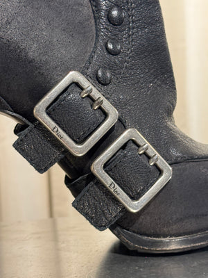 Christian Dior Vintage Archive Runway S/S 2010 Couture Spy Boots Black Leather Peep Toe Stiletto Buckle Ankle Boots John Galliano