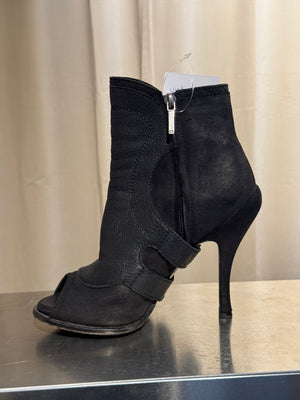 Christian Dior Vintage Archive Runway S/S 2010 Couture Spy Boots Black Leather Peep Toe Stiletto Buckle Ankle Boots John Galliano