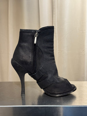 Christian Dior Vintage Archive Runway S/S 2010 Couture Spy Boots Black Leather Peep Toe Stiletto Buckle Ankle Boots John Galliano