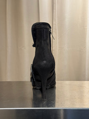 Christian Dior Vintage Archive Runway S/S 2010 Couture Spy Boots Black Leather Peep Toe Stiletto Buckle Ankle Boots John Galliano