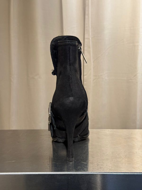Christian Dior Vintage Archive Runway S/S 2010 Couture Spy Boots Black Leather Peep Toe Stiletto Buckle Ankle Boots John Galliano