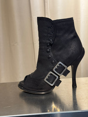Christian Dior Vintage Archive Runway S/S 2010 Couture Spy Boots Black Leather Peep Toe Stiletto Buckle Ankle Boots John Galliano