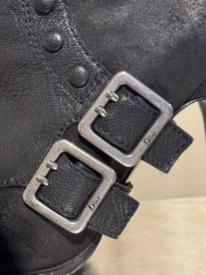 Christian Dior Vintage Archive Runway S/S 2010 Couture Spy Boots Black Leather Peep Toe Stiletto Buckle Ankle Boots John Galliano