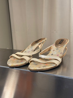 Very Rare Louis Vuitton Takashi Murakami Monogram Multicolore Exotic Leather Heeled Sandals Size 37.5 Box