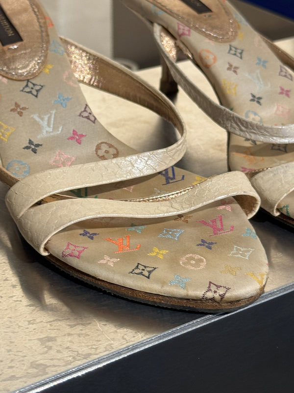 Very Rare Louis Vuitton Takashi Murakami Monogram Multicolore Exotic Leather Heeled Sandals Size 37.5 Box