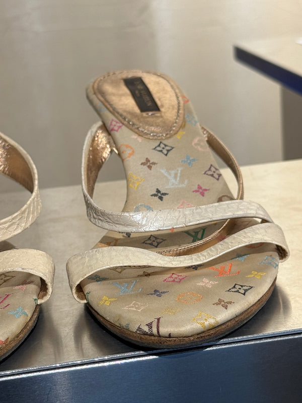 Very Rare Louis Vuitton Takashi Murakami Monogram Multicolore Exotic Leather Heeled Sandals Size 37.5 Box