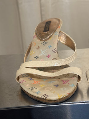 Very Rare Louis Vuitton Takashi Murakami Monogram Multicolore Exotic Leather Heeled Sandals Size 37.5 Box