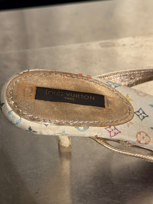 Very Rare Louis Vuitton Takashi Murakami Monogram Multicolore Exotic Leather Heeled Sandals Size 37.5 Box