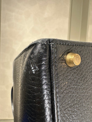 Hermès Kelly 32 Handbag Black Top Handle Vintage Clochette Lock Black leather Gold Hardware Very Good Condition Iconic