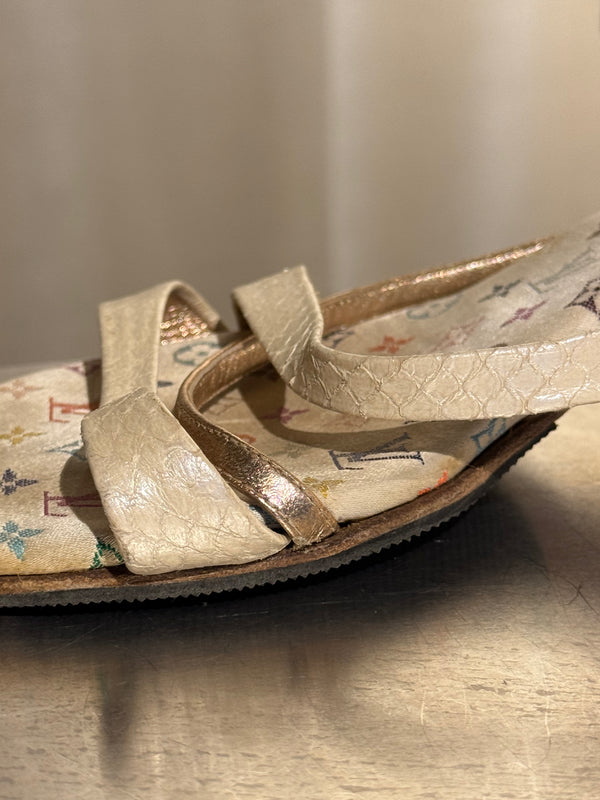 Very Rare Louis Vuitton Takashi Murakami Monogram Multicolore Exotic Leather Heeled Sandals Size 37.5 Box
