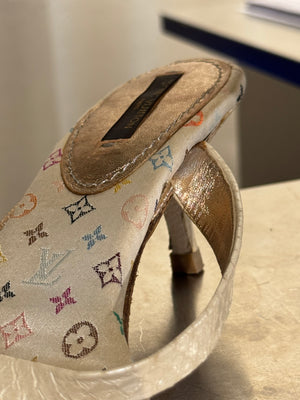 Very Rare Louis Vuitton Takashi Murakami Monogram Multicolore Exotic Leather Heeled Sandals Size 37.5 Box