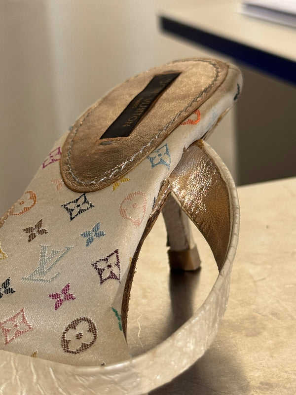 Very Rare Louis Vuitton Takashi Murakami Monogram Multicolore Exotic Leather Heeled Sandals Size 37.5 Box