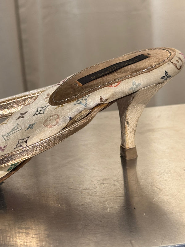 Very Rare Louis Vuitton Takashi Murakami Monogram Multicolore Exotic Leather Heeled Sandals Size 37.5 Box