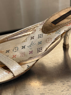 Very Rare Louis Vuitton Takashi Murakami Monogram Multicolore Exotic Leather Heeled Sandals Size 37.5 Box