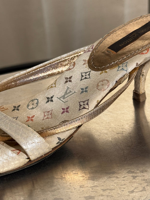 Very Rare Louis Vuitton Takashi Murakami Monogram Multicolore Exotic Leather Heeled Sandals Size 37.5 Box