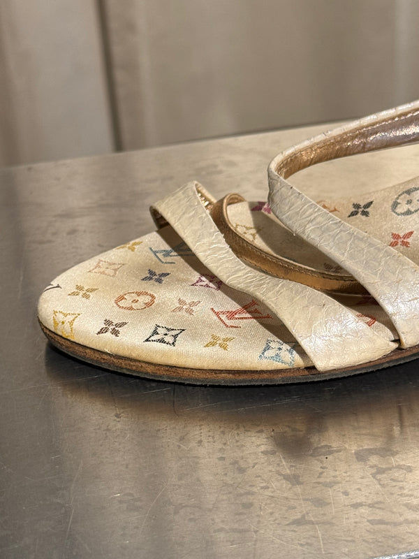 Very Rare Louis Vuitton Takashi Murakami Monogram Multicolore Exotic Leather Heeled Sandals Size 37.5 Box