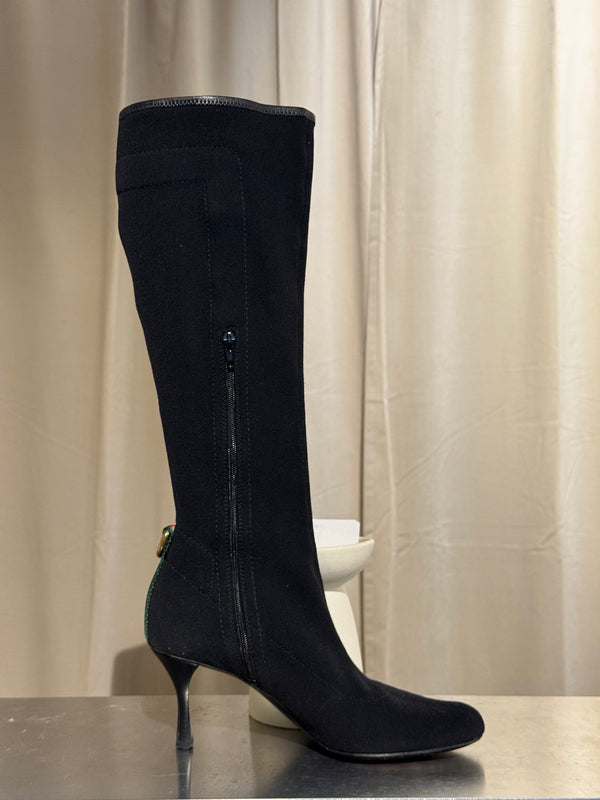 Gucci Black Stretch Fabric Knee High Boots Web Stripe Gold Buckle Kitten Heel Size EU 36