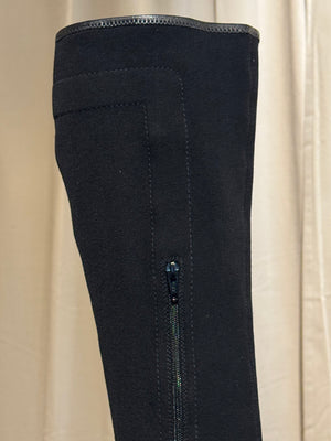 Gucci Black Stretch Fabric Knee High Boots Web Stripe Gold Buckle Kitten Heel Size EU 36
