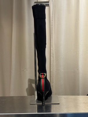 Gucci Black Stretch Fabric Knee High Boots Web Stripe Gold Buckle Kitten Heel Size EU 36